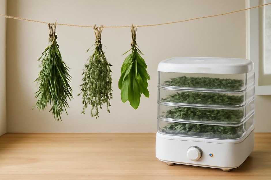 Bundles of herbs hanging and a countertop dehydrator with herbs on trays