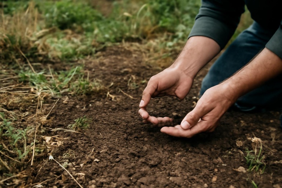 Hands examining soil in a neglected garden bed